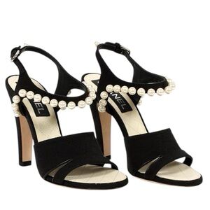 NEW CHANEL Spring 2014 Black Suede Grosgrain Faux Pearl Slingback Sandal -37.5